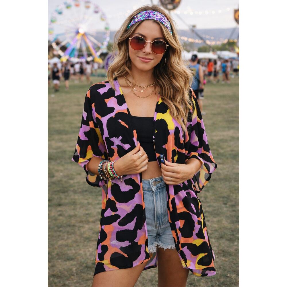 Judith March Kimono Cardigan Small Cover Up Black Neon Leopard Boho Festival